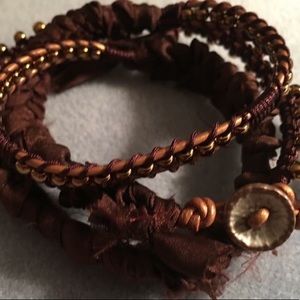 Boho brown leather, sari silk and beaded bracelet
